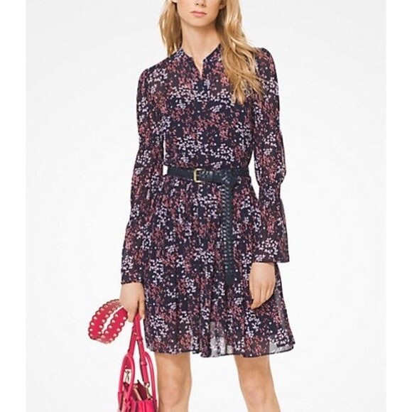 Michael Kors Georgette Shirt Dress Size XXS Navy Blue Floral Pleated Cheer Party - Picture 1 of 10